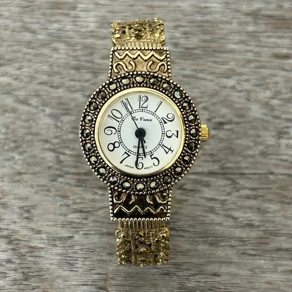Vintage High Fashion Watch by Da Vanci Gold-tone Hinged Cuff unworking